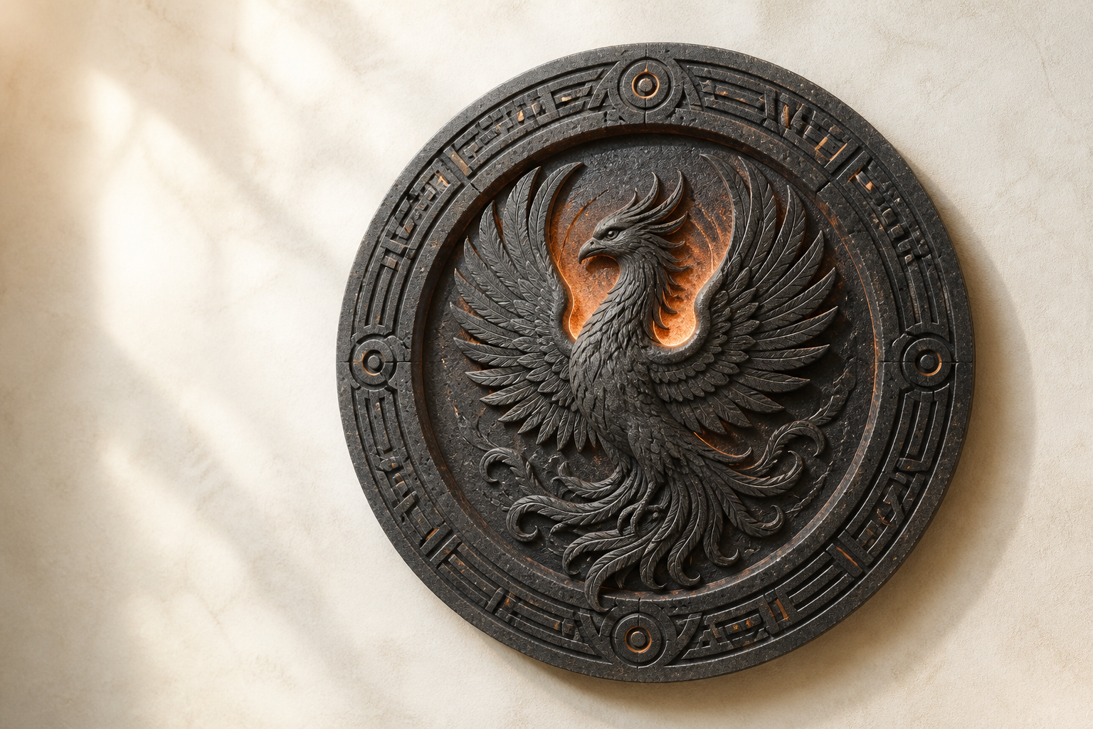 Original editorial illustration of a phoenix carved into a circular dark stone medallion on a pale gallery wall